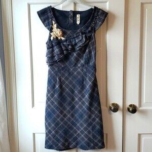 ANTHROPOLOGIE FLOREAT RUFFLE TWEED PLAID SHEATH DRESS BLUE SIZE 4